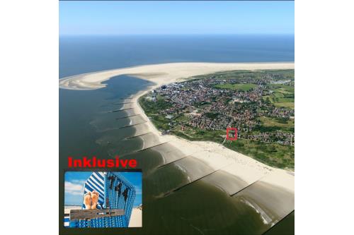Borkum Ferienhaus Nordseeperle - Luftbild mit Rahmen und Strandkorb